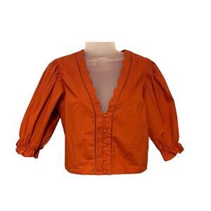 Lush Women's Orange Scalloped Deep Neck Button Crop Blouse Size Medium